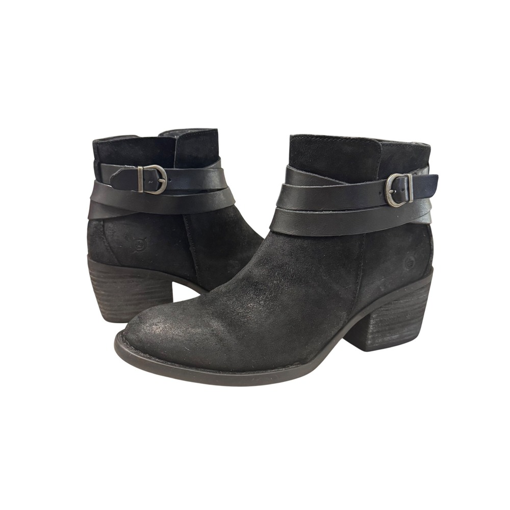 Born Payton Distressed Suede Ankle Booties Black Buckle Block Heel Size 7.5‎